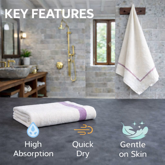 zv-pack=set-of-2 | “Key Features” graphic for ZARUVA Kerala thorthu mundu towel 27x54 in — high absorption, quick dry, gentle on skin, white handloom cotton with purple border