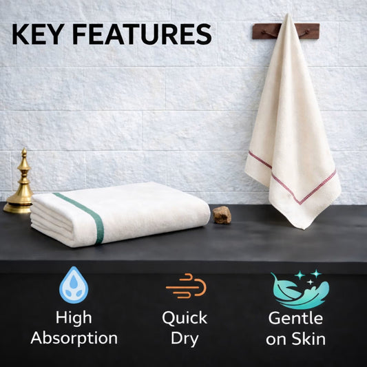 zv-pack=set-of-2 | “Key Features” graphic showing Kerala thorthu towels (one folded stack + one hanging towel) with icons for High Absorption, Quick Dry, and soft feel for humid Indian bathrooms