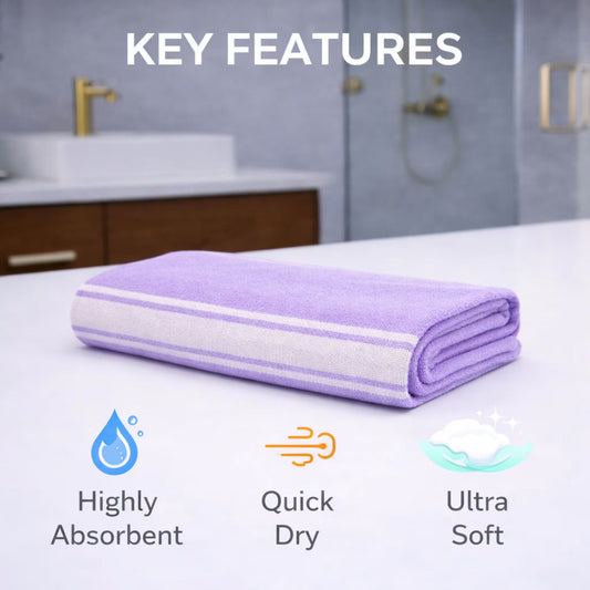 zv-pack=set-of-1 | Key features graphic for lavender bamboo bath towel: highly absorbent feel, quick-dry feel, ultra-soft feel