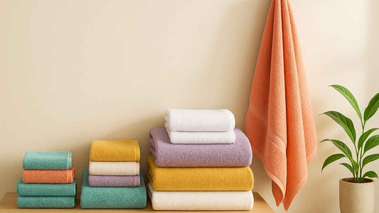 Colourful stack of bath towels in different sizes illustrating a bath towel size and GSM guide in a modern bathroom