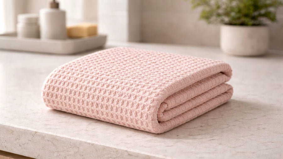 Zaruva bluish blush pink waffle weave bath towel, quick-dry lightweight cotton non-terry for Indian bathrooms
