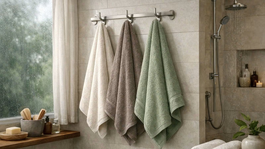 Towel GSM and bath towel price guide for India—bath towels drying in a humid bathroom