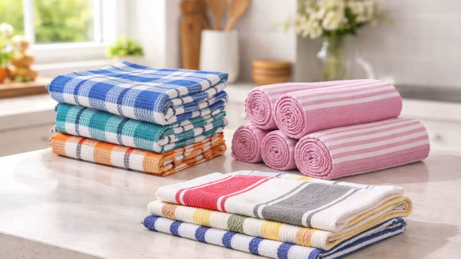 Quick-dry towels for Indian bathrooms: cotton, waffle, flat-weave and microfiber bath towels on a clean shelf