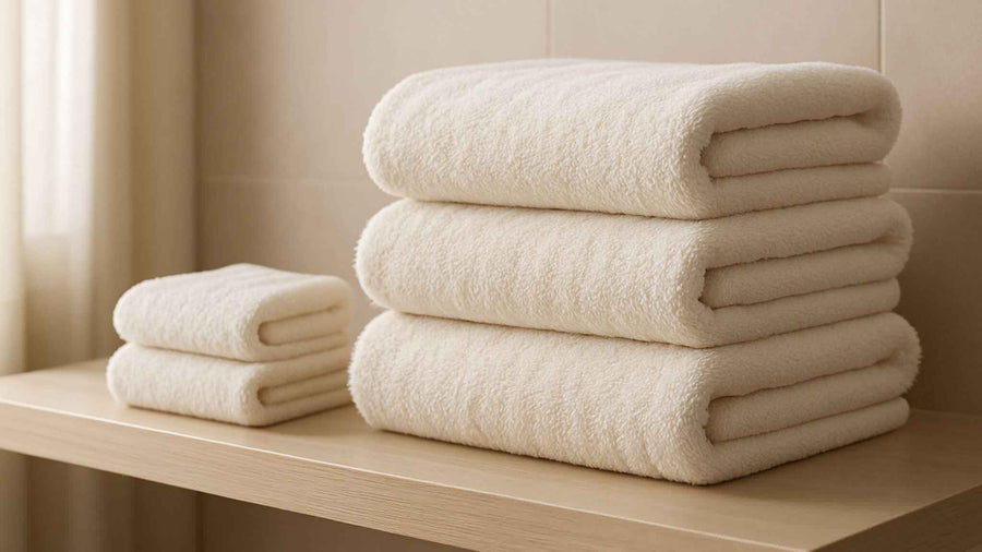 Soft fluffy 100% cotton bath towels drying in a bright bathroom – how to wash cotton towels and keep towels soft (Zaruva)