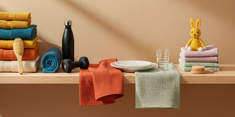 Collection of Zaruva cotton towels for bath, gym, kitchen, table and babies arranged on a wooden surface in a warm, minimal setting.