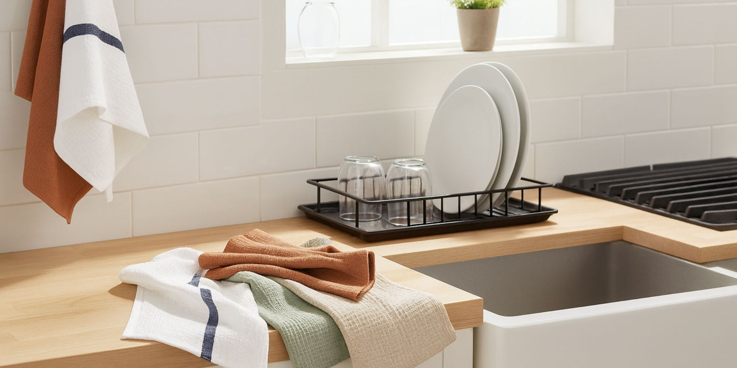 Zaruva cotton kitchen towels hanging and folded on a wooden counter beside a dish rack in a bright modern kitchen.
