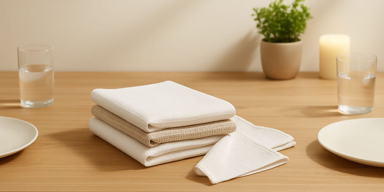 Zaruva cotton table towels neatly folded on a dining table with plates and glasses for serving.