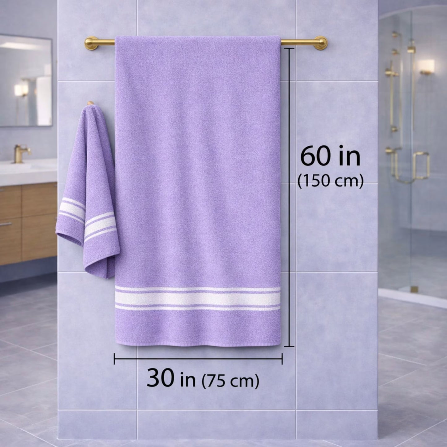 Size guide for purple bamboo bath towel showing 75×150 cm (30×60 in) towel dimensions on a bathroom wall