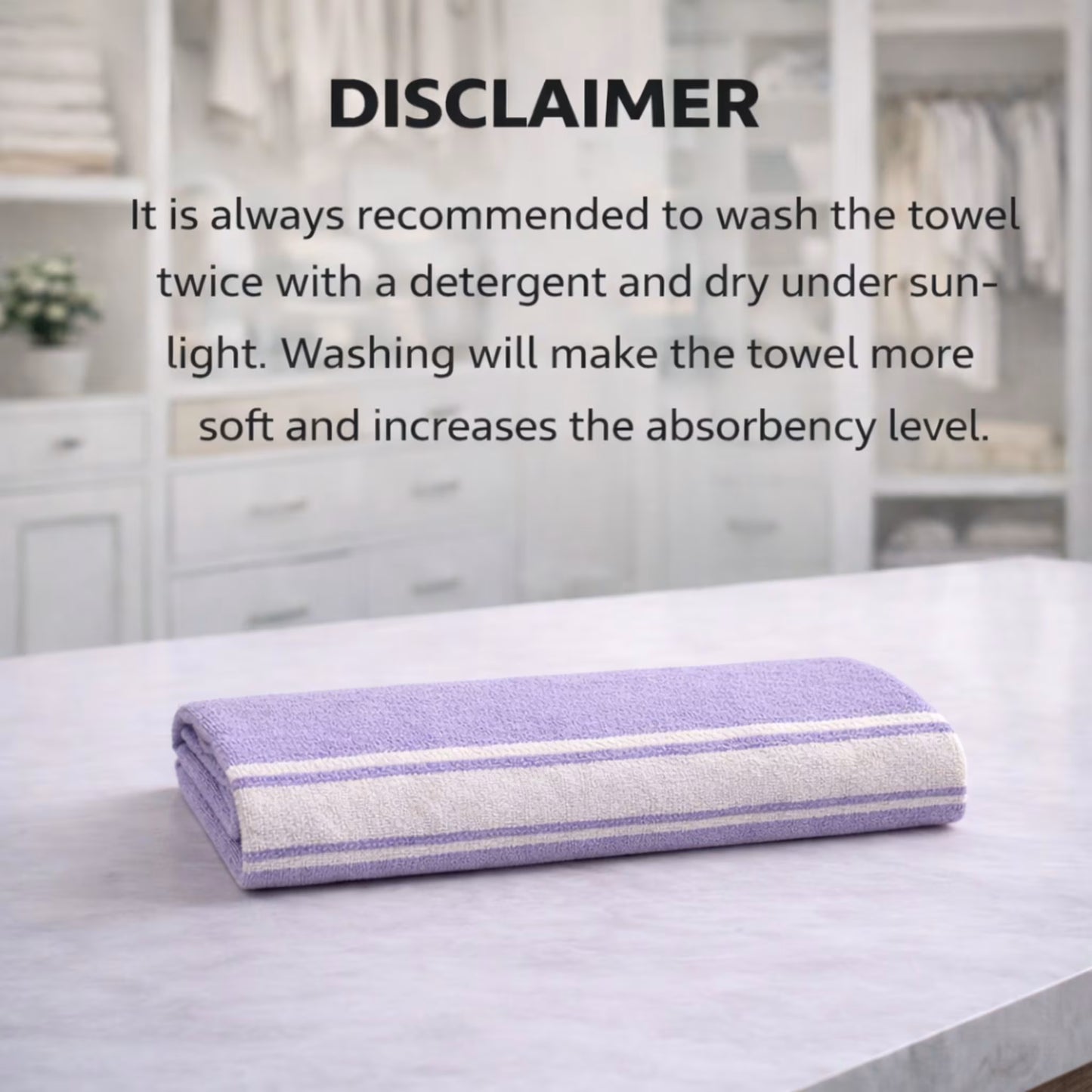 Care note disclaimer graphic with a folded purple bamboo bath towel on a countertop (first washes recommended)