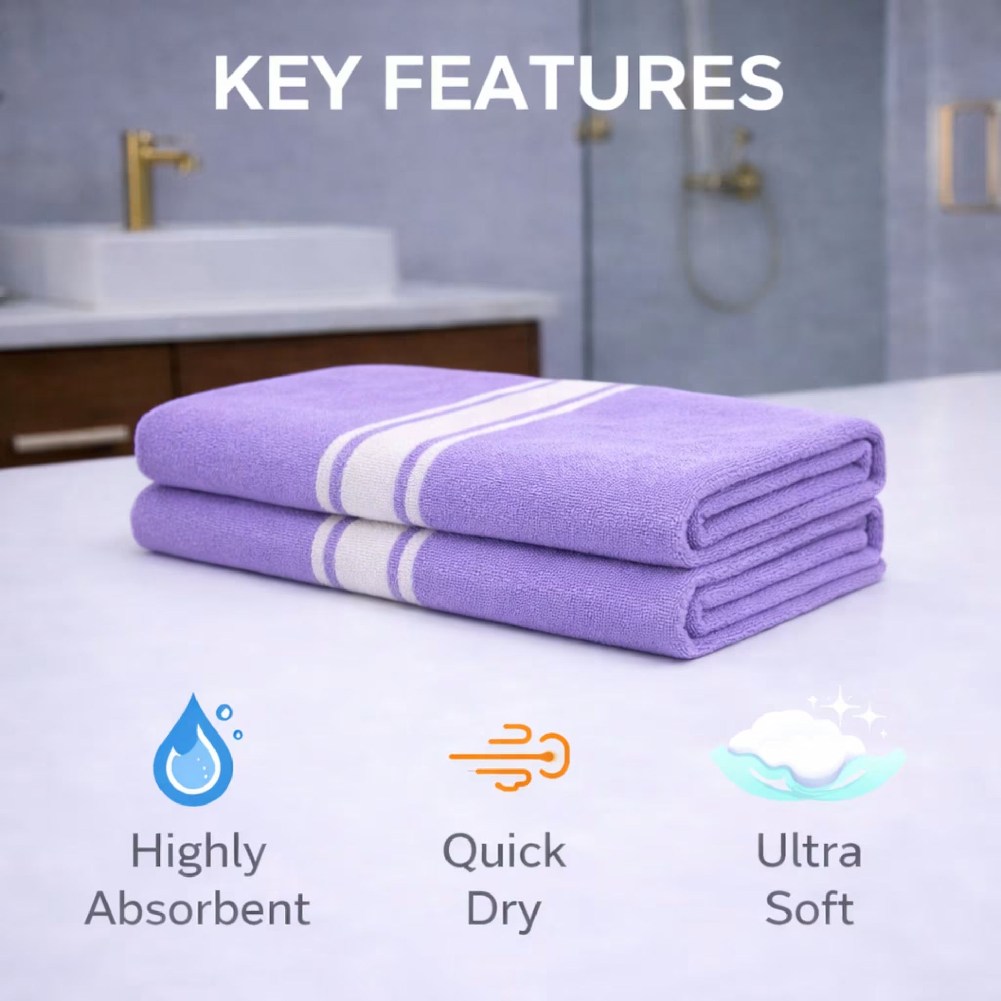 Key features graphic for purple bamboo bath towel set of 2 showing highly absorbent, quick dry and ultra soft