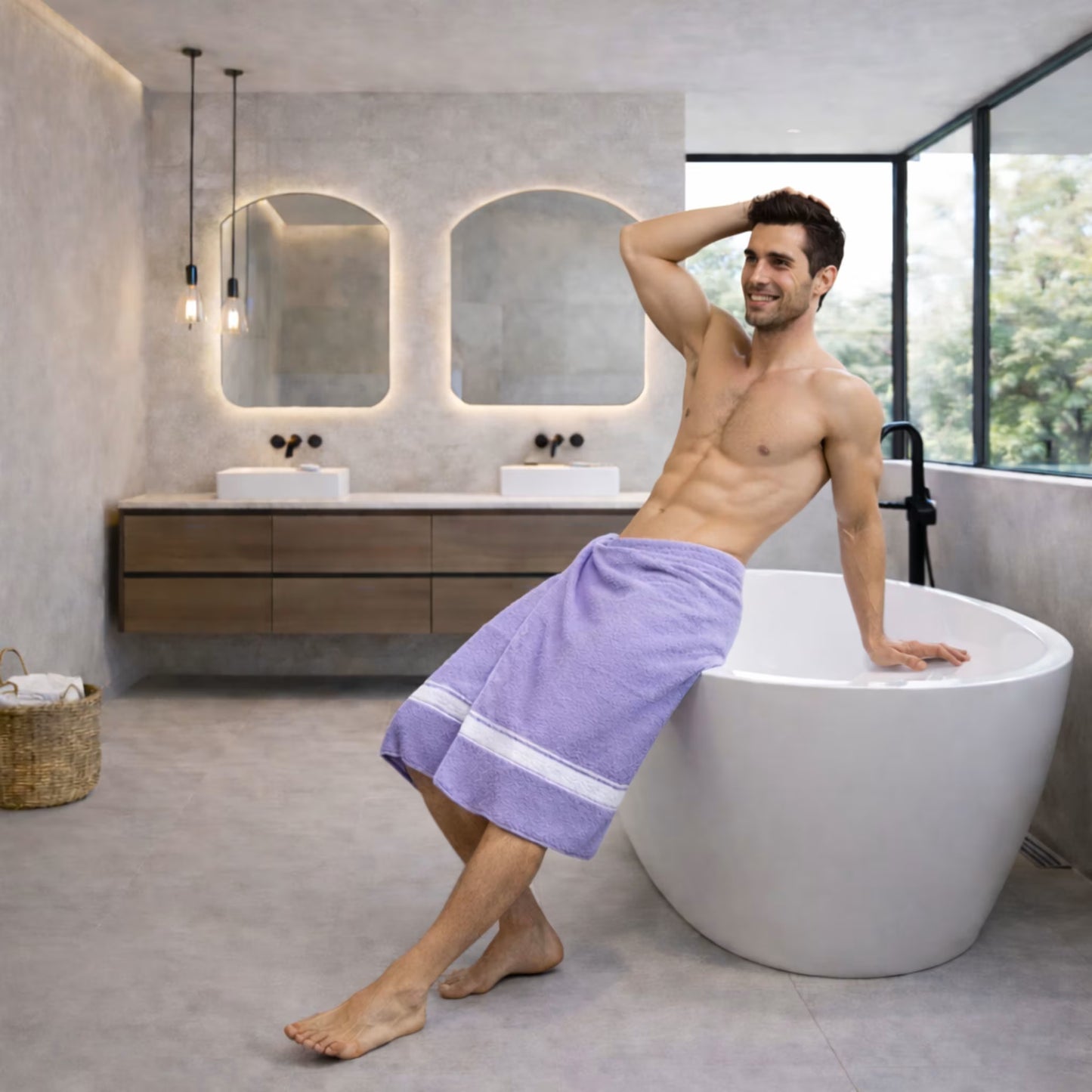 Lifestyle photo of a person wrapped in a purple bamboo bath towel in a bright modern bathroom
