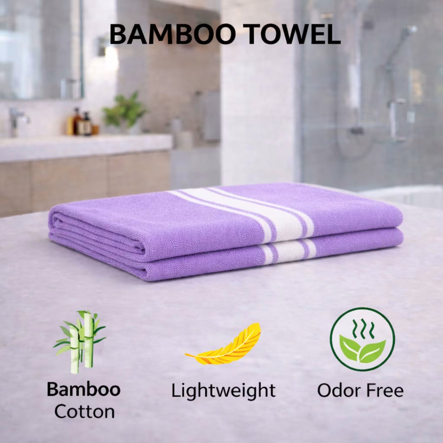 Purple bamboo towel set of 2 showing bamboo fibre, lightweight feel and fresher-feeling routine icons in bathroom