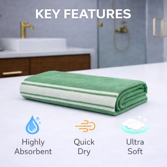 zv-pack=set-of-1 | Key features graphic for Rainforest Sage Green bamboo bath towel: highly absorbent feel, quick-dry feel, ultra-soft feel