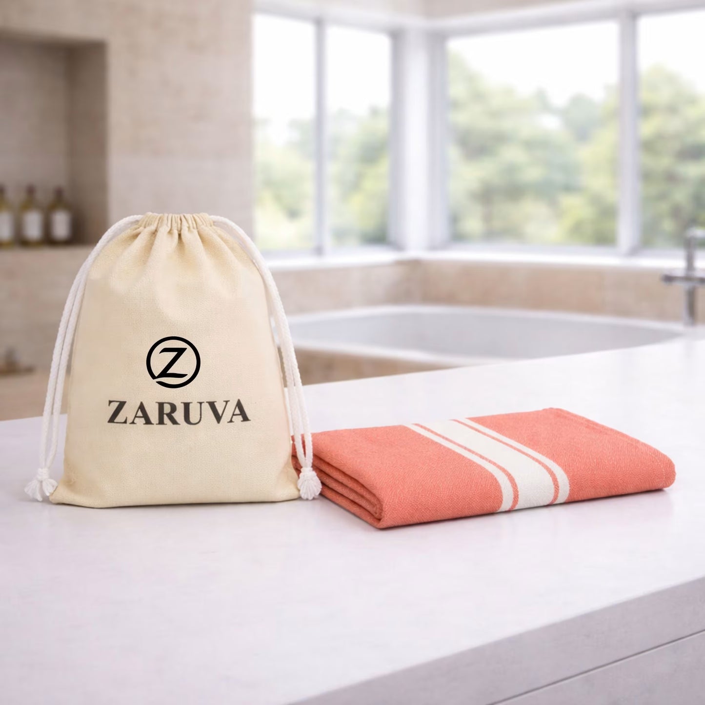 Zaruva bamboo fibre bath towel 30x60 in (75x150 cm) amethyst purple, folded with Zaruva drawstring pouch on bathroom counter