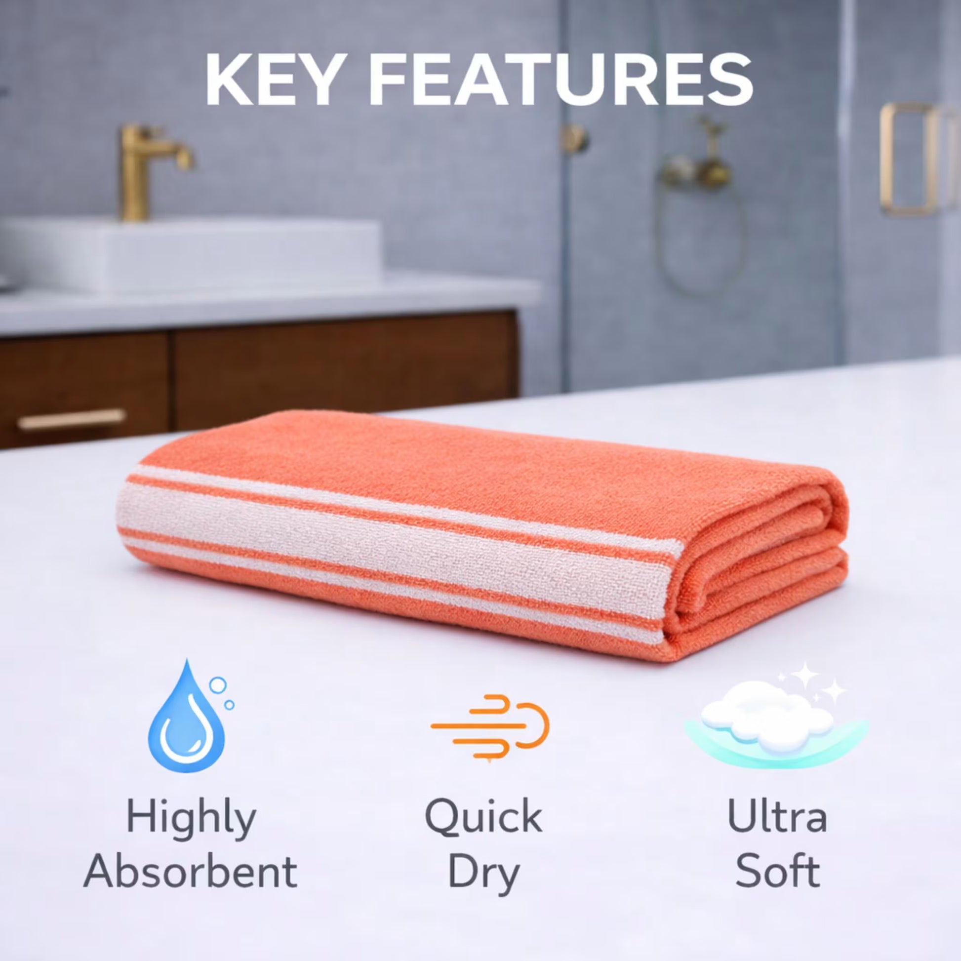 Key features graphic for amethyst purple bamboo bath towel: highly absorbent, quick dry, ultra soft