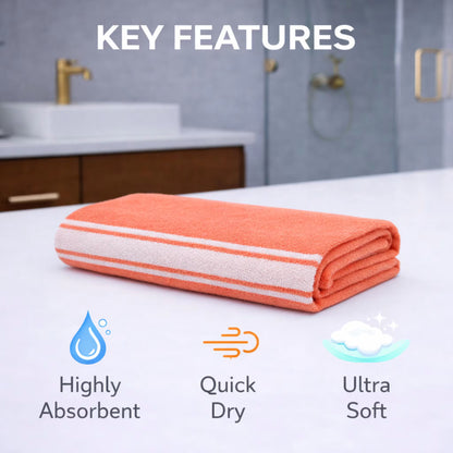 Key features graphic for amethyst purple bamboo bath towel: highly absorbent, quick dry, ultra soft
