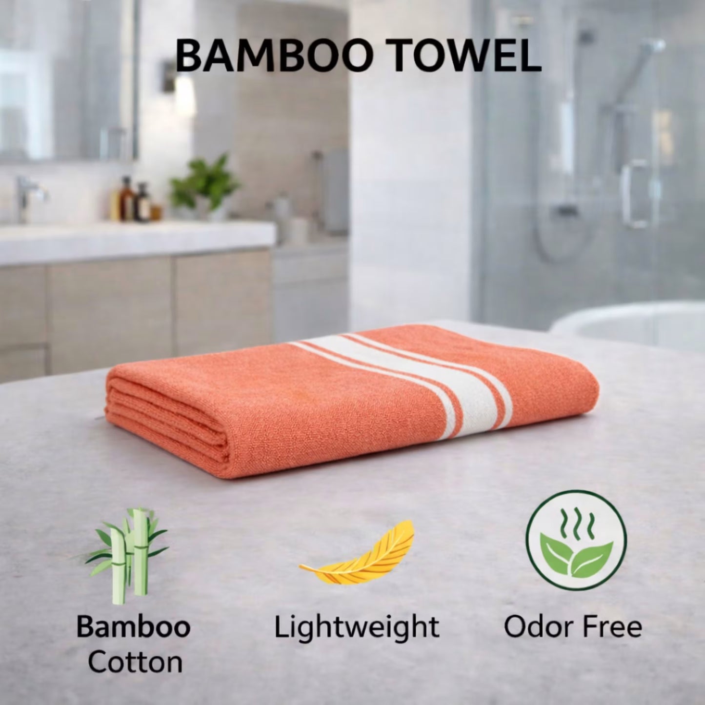 Bamboo towel graphic with amethyst purple towel and icons for bamboo, lightweight, odor free