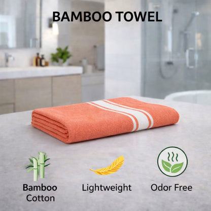 Bamboo towel graphic with amethyst purple towel and icons for bamboo, lightweight, odor free