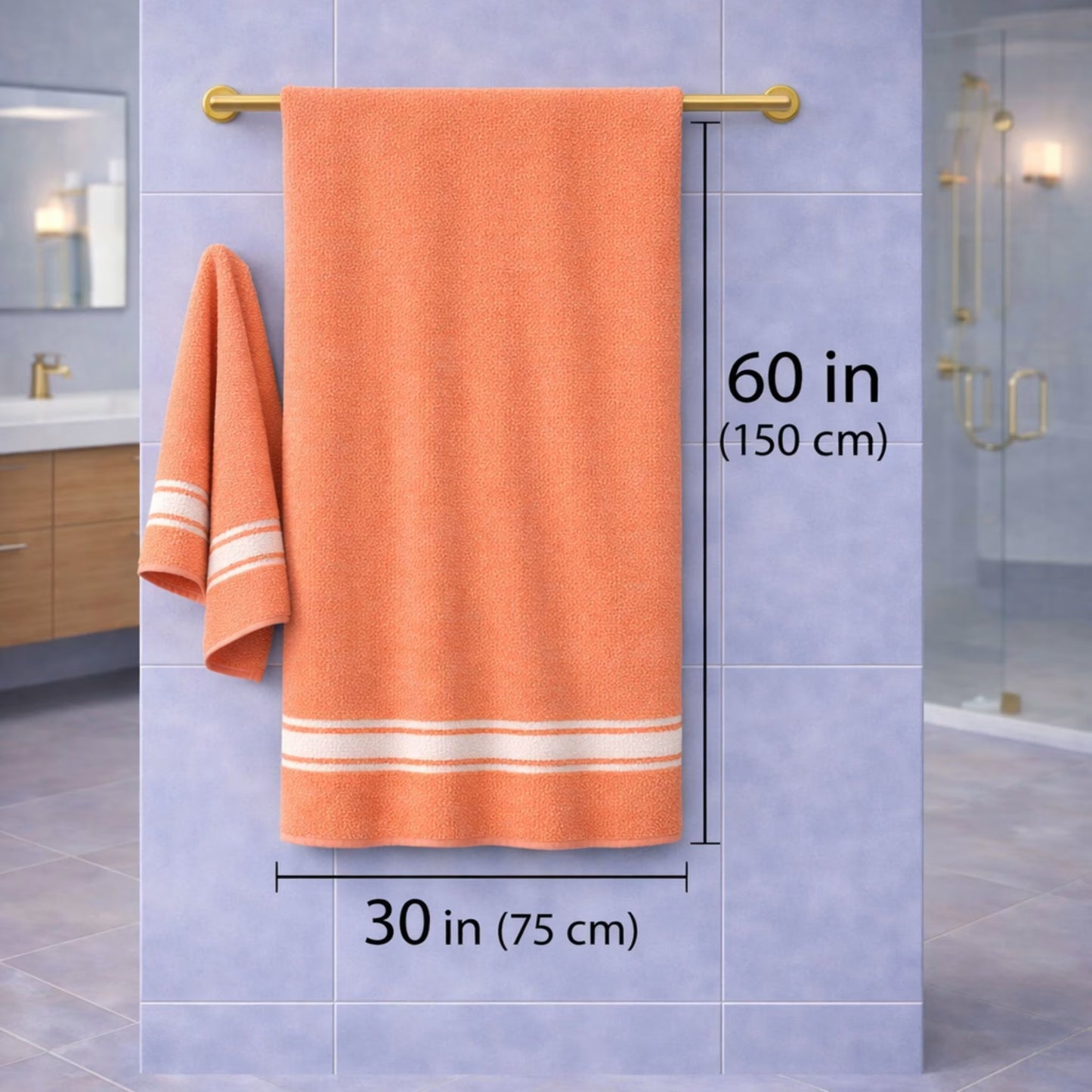 Size chart: amethyst purple bath towel 30x60 in (75x150 cm) hanging on towel bar