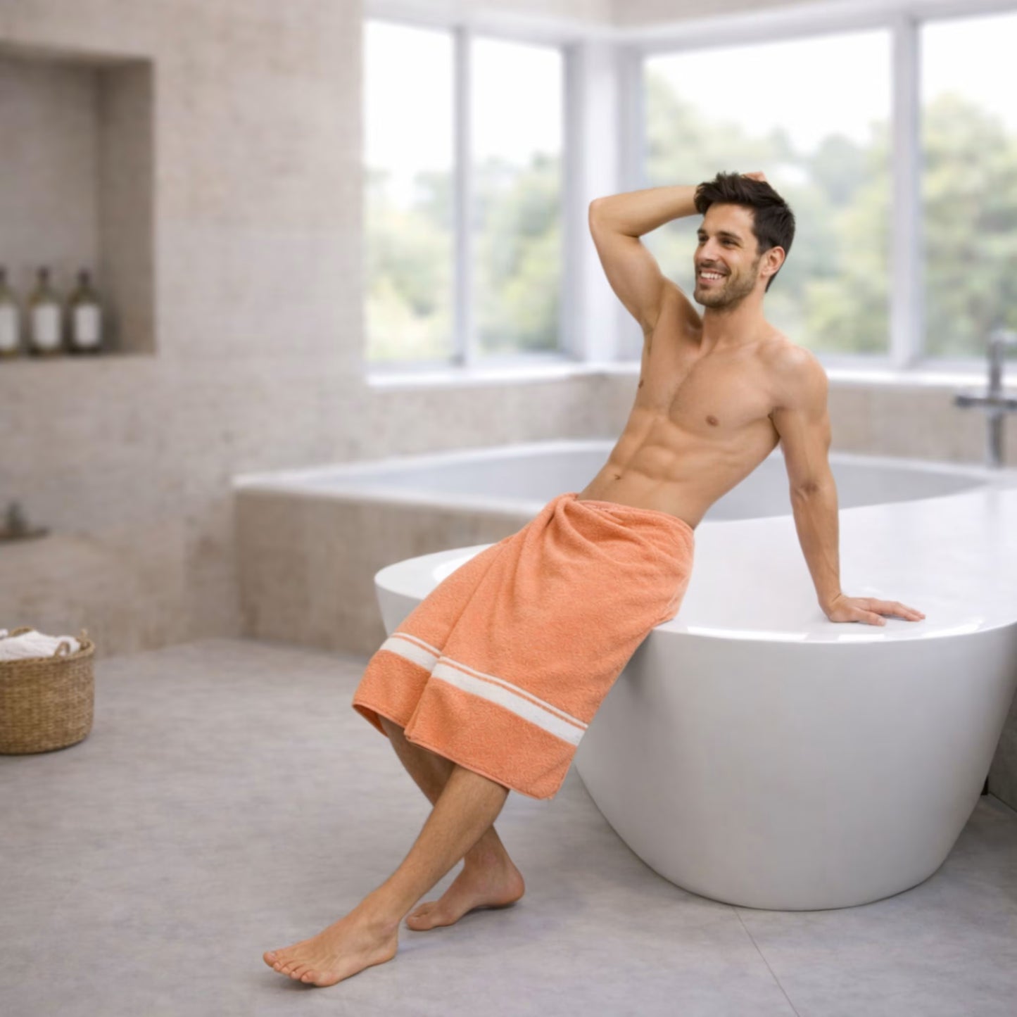 Lifestyle photo: model wrapped in Zaruva orange bamboo cotton bath towel, 75x150 cm, modern bathroom