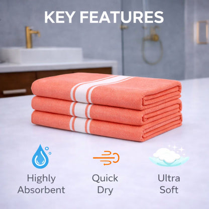 Key features graphic: Zaruva bamboo cotton bath towel set of 3 (orange) showing highly absorbent, quick dry, ultra soft