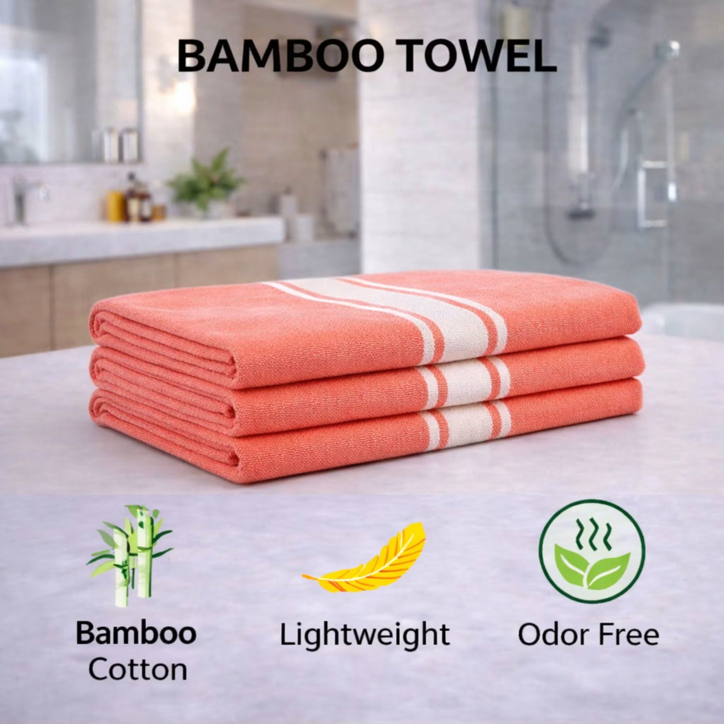 Bamboo towel feature graphic: Zaruva bamboo cotton towel set of 3 (orange) with icons for bamboo cotton, lightweight, odor free