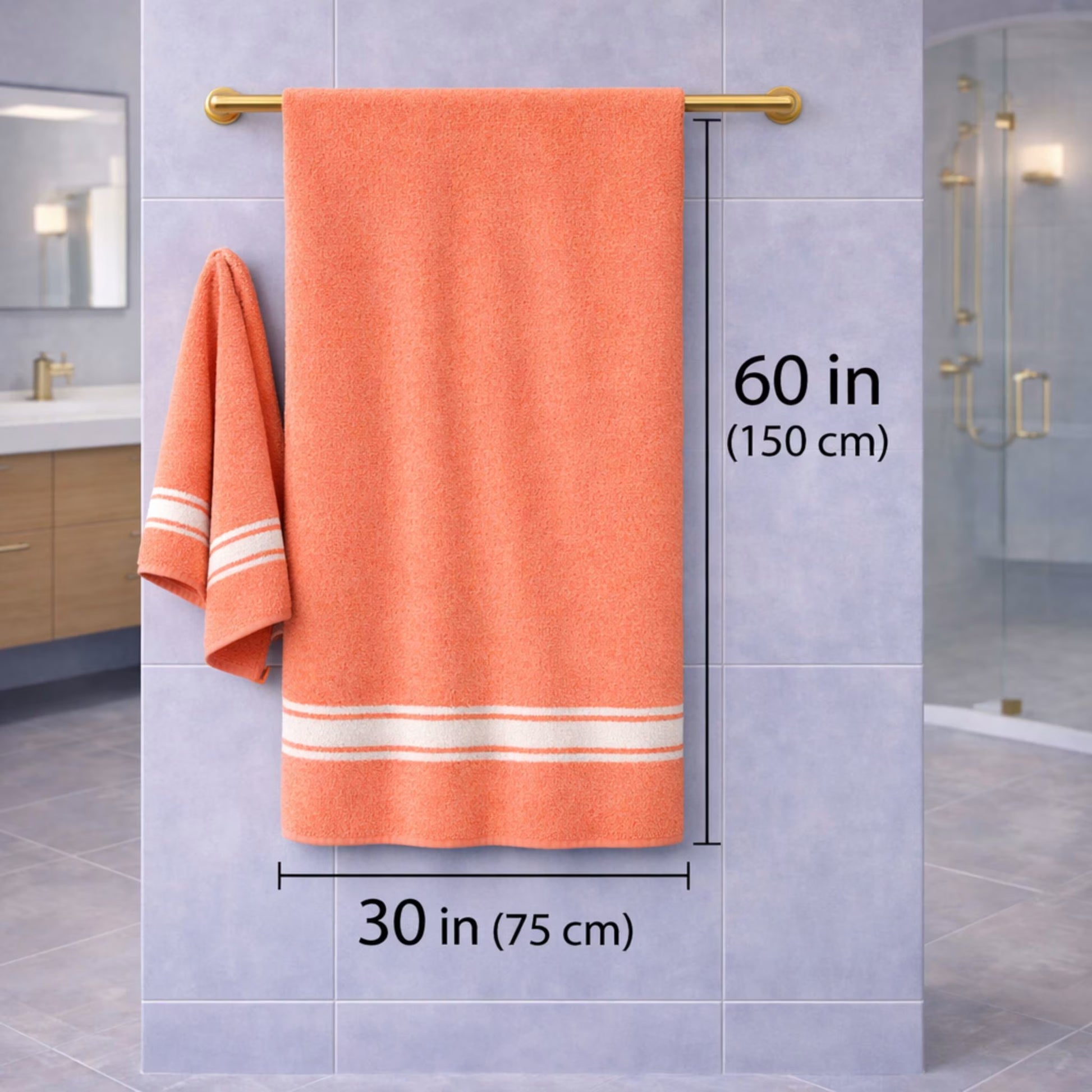 Size chart: Zaruva bath towel dimensions 30x60 in (75x150 cm), orange bamboo cotton towel on bathroom rack