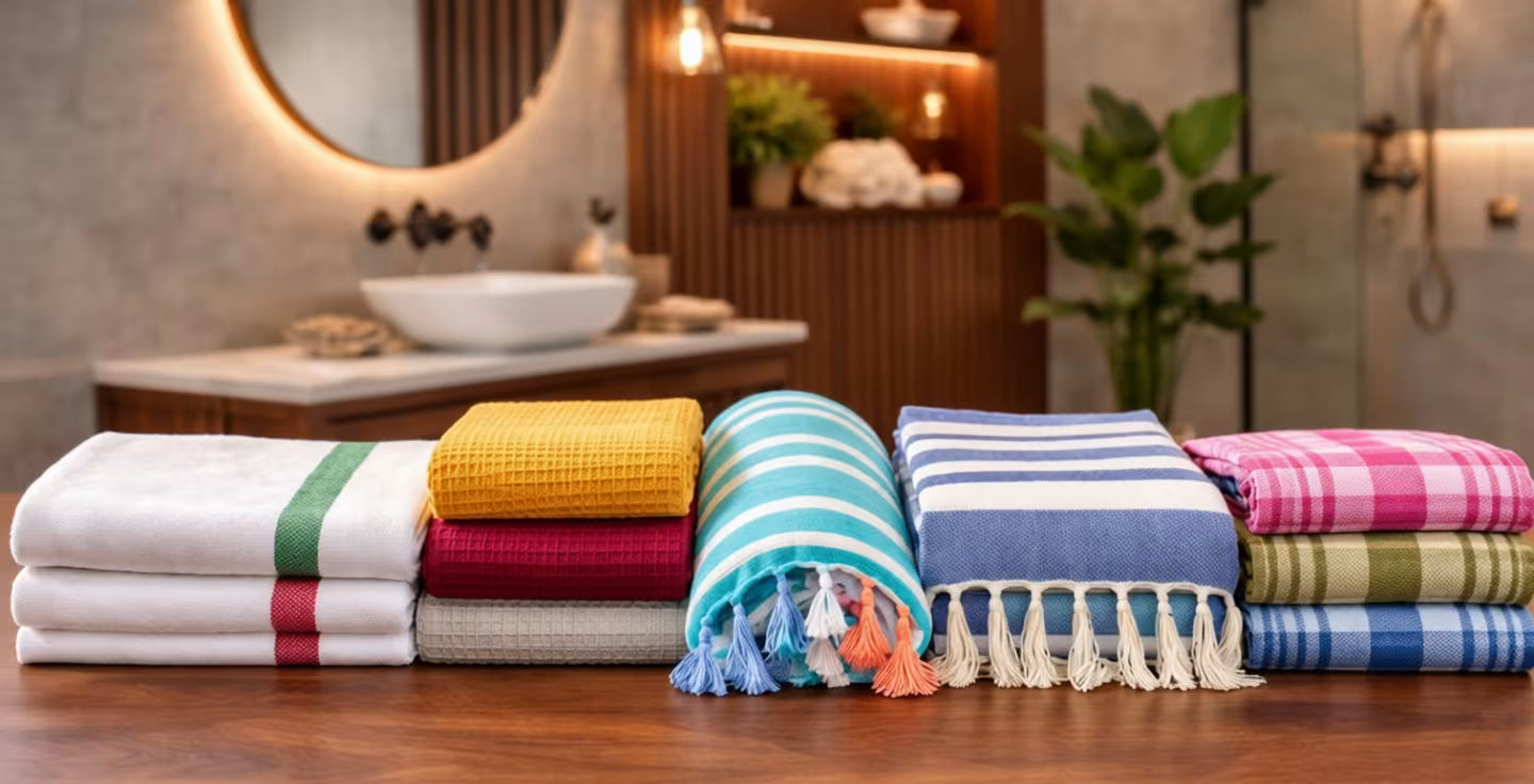 Five-towel lineup featuring Kerala thorthu, waffle weave stack, striped Turkish towel, and colorful cotton check towels on a wooden counter