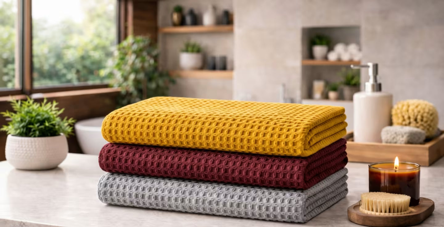 zaruva-home-slide-03-waffle-weave-bath-towels-mustard-maroon-grey