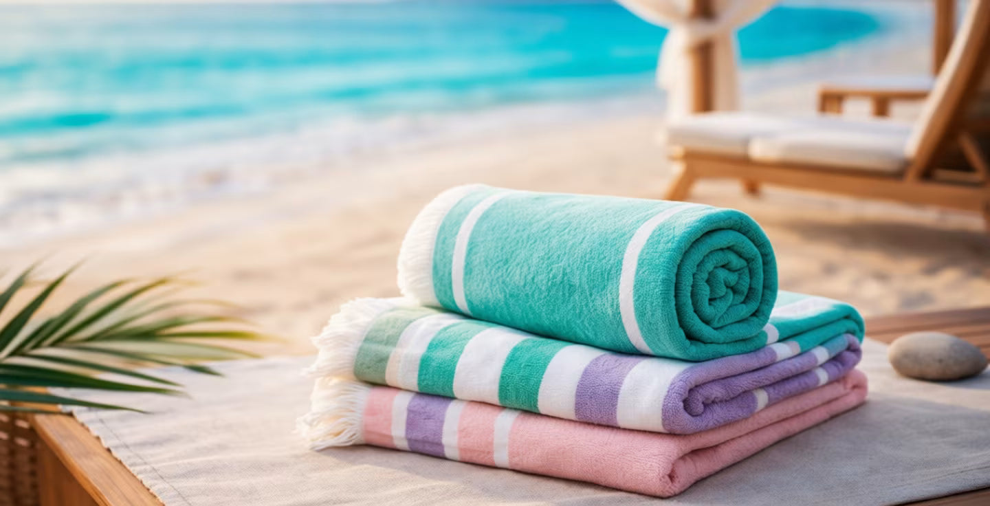 Rolled bamboo bath towel with pastel striped towels in a beach resort setting with ocean background and soft sunlight