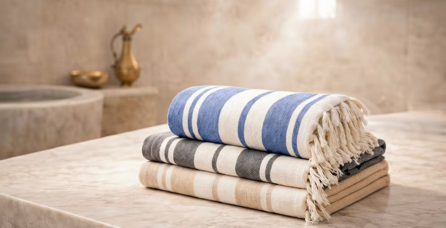 Stack of Turkish peshtemal towels with fringe on a marble bath surface in a spa-style bathroom setting