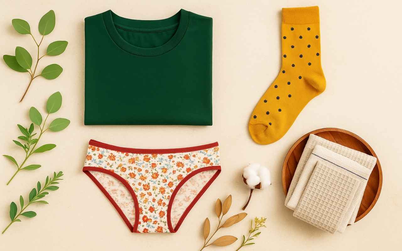 Flat lay of Zaruva lifestyle products on a warm cream textured background – dark green cotton t-shirt, colorful geometric socks, and a stack of premium non-terry towels including thorthu, waffle, Turkish, and bamboo. Surrounded by subtle natural props like cotton stems, eucalyptus, and a wooden tray. Clean, modern Indian aesthetic with empty space on the right for Zaruva Journal blog title.