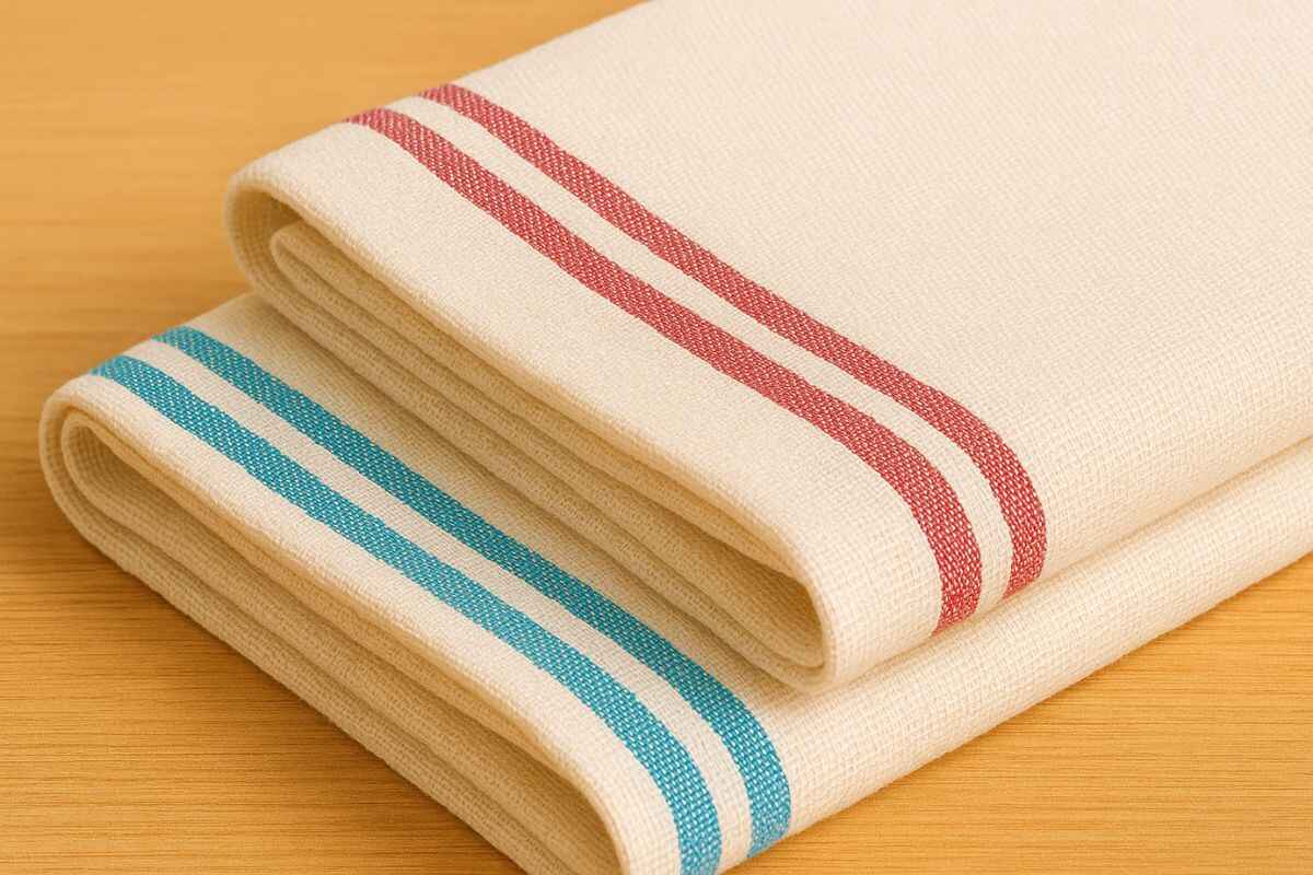 Close-up of two Kerala cotton thorthu towels with maroon and blue borders folded on a wooden table – Zaruva quality detail