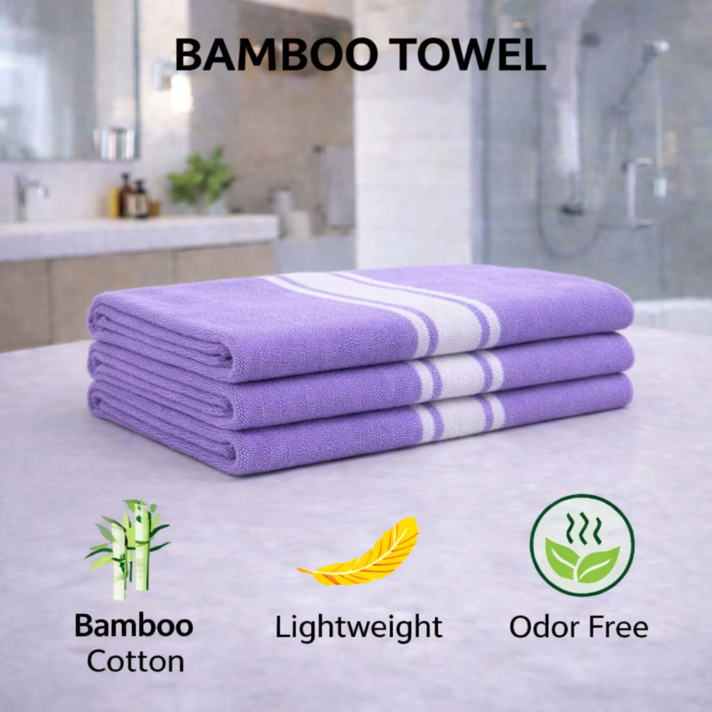 Three rolled lavender bamboo bath towels (set of 3) on countertop, soft texture with white stripe band, everyday quick-dry towel for Indian humidity