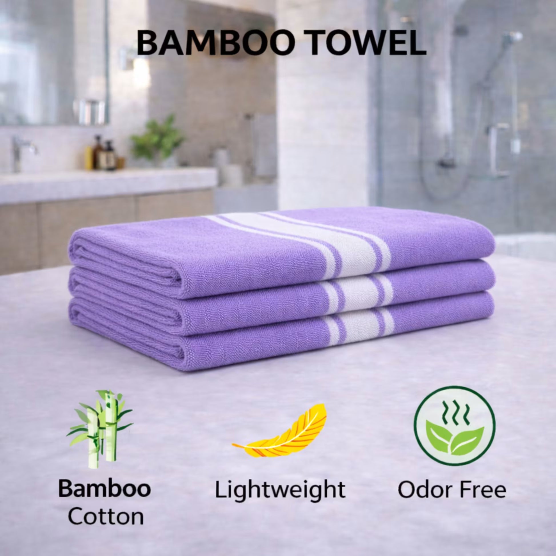 Three rolled lavender bamboo bath towels (set of 3) on countertop, soft texture with white stripe band, everyday quick-dry towel for Indian humidity