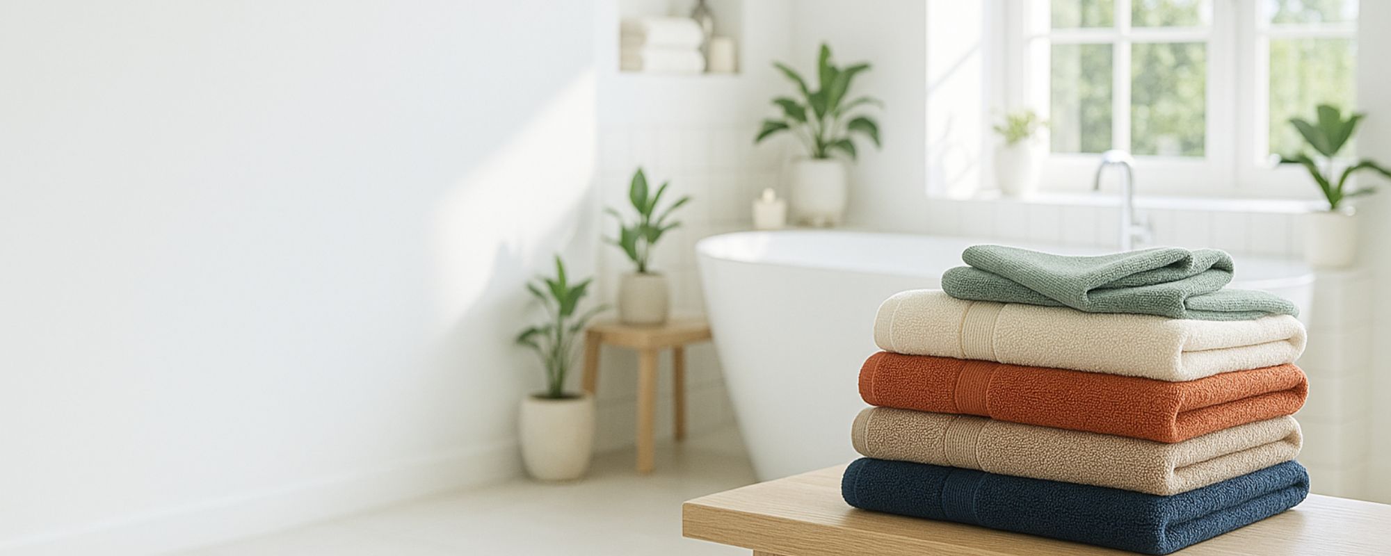 Zaruva premium cotton bath towels neatly stacked on a wooden table