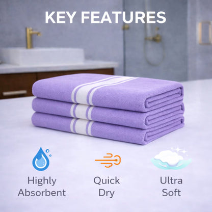 Lavender bamboo towel 3-pack key features graphic showing three folded towels with icons: highly absorbent, quick dry, ultra soft