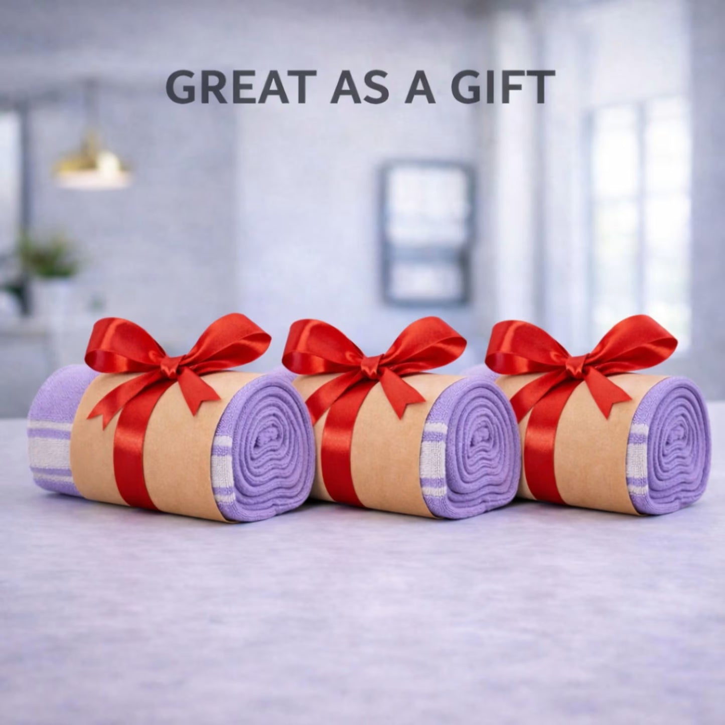 Purple towel roll wrapped in kraft paper with a red ribbon bow on a countertop, gift ready presentation in a soft blurred bathroom background