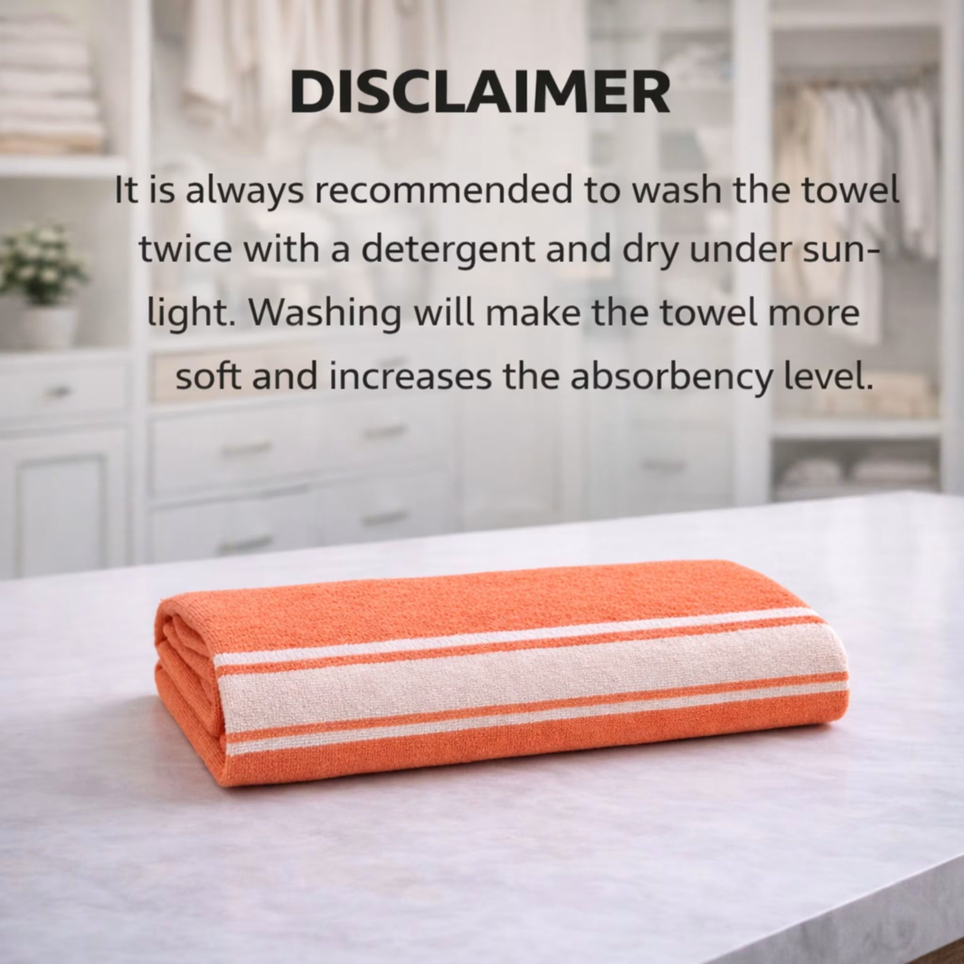 Care note graphic: recommended to wash towel twice before use; Zaruva orange bamboo cotton towel folded on counter